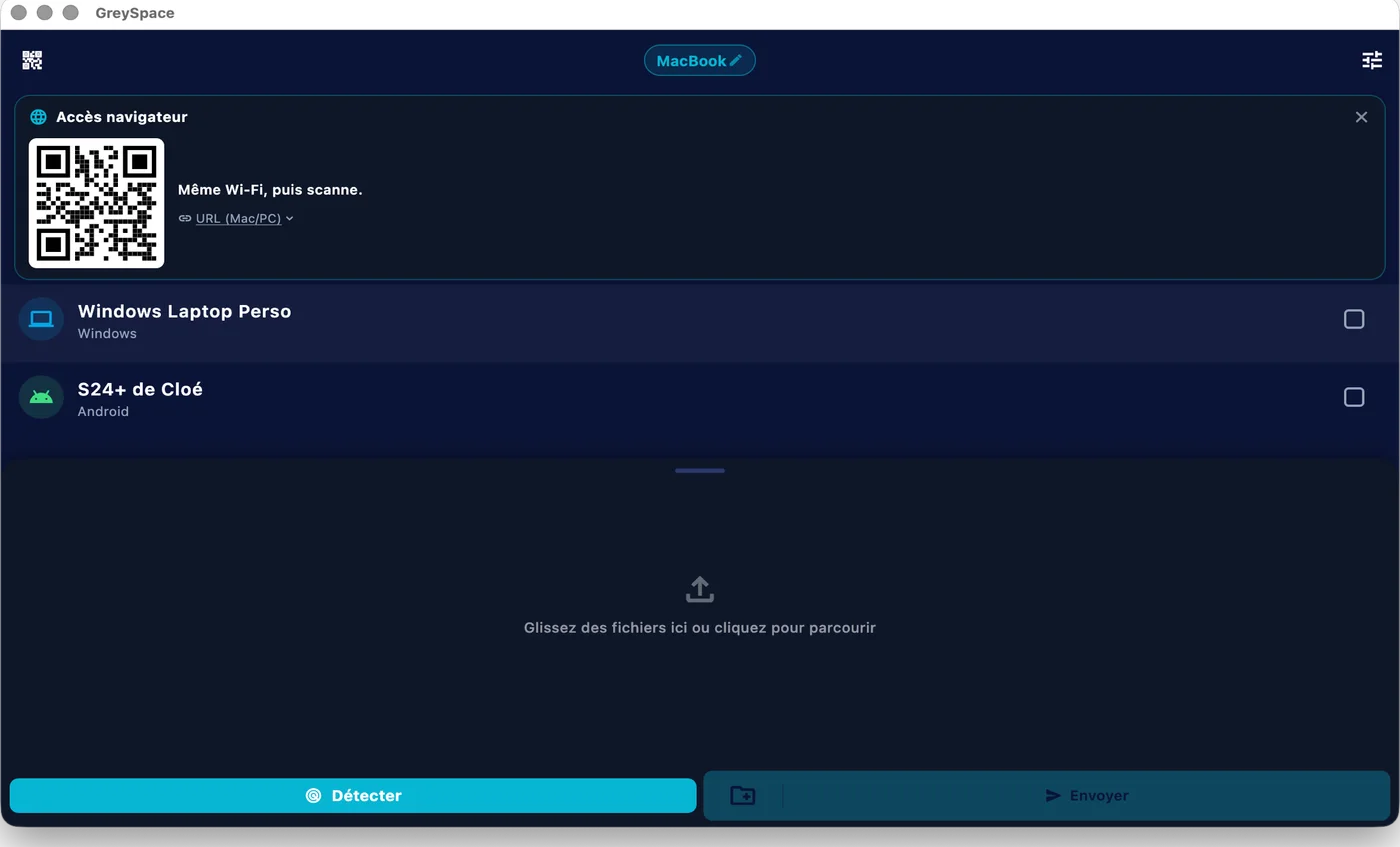 Fenêtre GreySpace sur Mac : QR code d’accès navigateur et deux appareils détectés