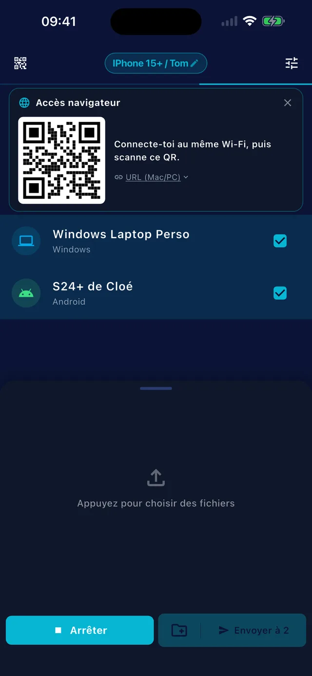 GreySpace sur iPhone : QR code et deux appareils sélectionnés